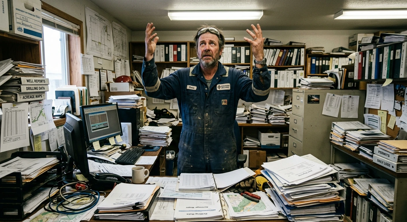 Geologist reviewing drilling data and compliance documents